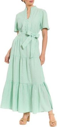 London Times Stripe Short Sleeve Tie Waist Tiered Cotton Maxi Dress in Green/White at Nordstrom Rack, Size 12P