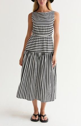 Crescent Cotton Blend Gathered Stripe Midi Dress in White/black at Nordstrom, Size X-Small