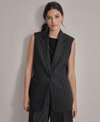 DKNY Dkny One Button Vest Women P Petite Black Striped Notch Lapel Collared FTS1256