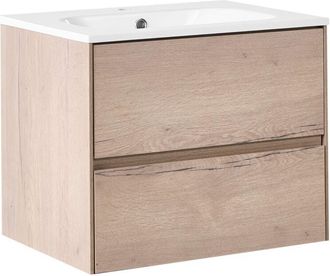 Beliani Mueble De Ba&ntilde;o Suspendido Con Lavabo Frente De Mdf 2 Cajones 60 X 46 Cm Marr&oacute;n Claro Vita