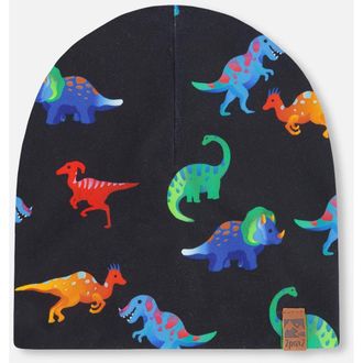 Deux par Deux Stretch Jersey Dinosaur Print Beanie in Black Dinosaur Print at Nordstrom, Size 12-24 M