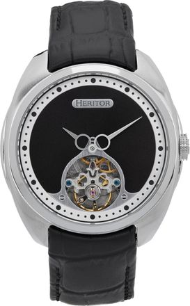 Heritor Roman Semi-Skeleton Leather-Band Watch - Silver/Black