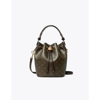 Tory Burch Tassen, Dames, Bruin, ONE Size, Katoen, T Monogram Coated Canvas Mini Bucket Bag