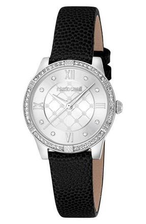 Roberto Cavalli Crystal Leather Strap Watch, 30mm in Black at Nordstrom Rack
