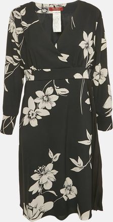 Max Mara Black Floral Print Crepe Pleat Detailed Short Dress
