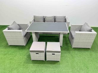 Fimous Patio Garden Furniture Sets with Dining Table 2 Small Stool in Light Grey