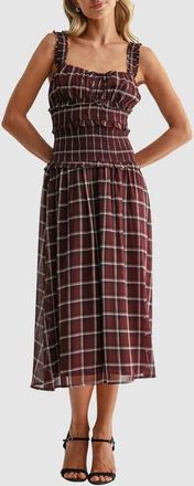 All in Favor Plaid Smocked Drop Waist Midi Dress in Burgundy Plaid at Nordstrom, Size Xx-Small