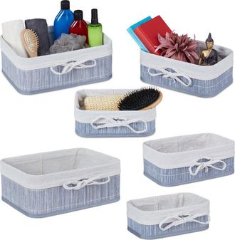 Relaxdays 6x Storage Basket, Bathroom Storage Boxes in 3 Sizes, Bamboo & Polyester, Multipurpose, Stackable, Grey/Creme - Relaxdays