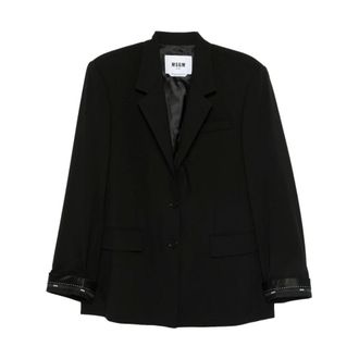 Msgm Blazers, female, Black, XS, Single-breasted Jacket in Cool Wool with Ribbon