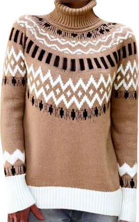Generic Fairisle Jumper Women Trendy Plus Size Polo Neck Jumpers Fair Isle Roll Neck Knitted Sweaters Winter Thermal Warm Pullover Sweaters Festive Knitwear,Z