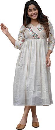 Generic Siddharth International Womens Cotton Embroidered Short Anarkali Gown (Off White), White, Medium