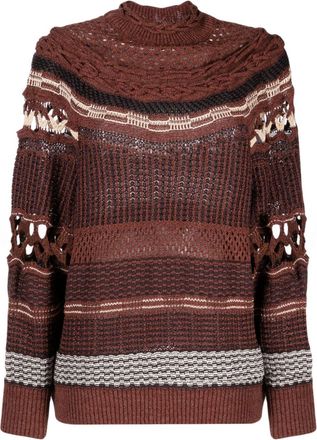 Mame open-knit high-neck sweatshirt - women - Japanese Paper/Cotton/Rayon/Polyester/Linen/Flax/Nylon - 2 - Brown