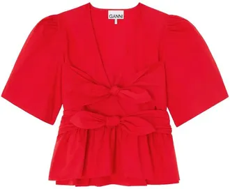 Ganni Bow-detail Peplum-hem Blouse