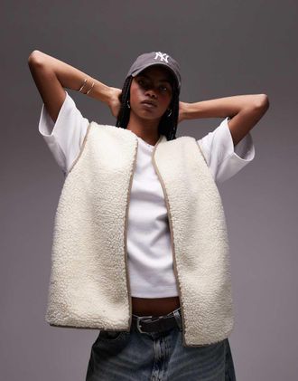 Topshop throw on borg reversible vest in ecru-Neutral