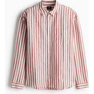 H&M Relaxed Fit Linen-blend Shirt in Rust Red/striped at Nordstrom, Size Xx-Large