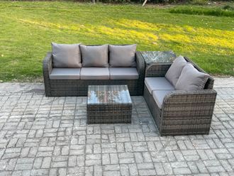 Fimous PE Rattan Garden Furniture Sets 5 Seater Outdoor Lounge Sofa Set Square Coffee Table Side Table in Dark Grey