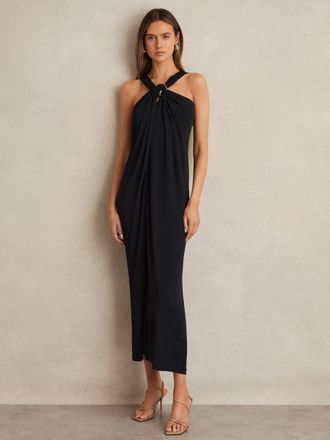 Reiss Womens Navy Blue Gathered Neck Jersey Midi Dress, Size: 14