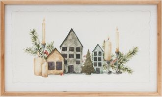 Melrose International Wood Framed Winter Village Mantlescape Print 19L - White, Brown