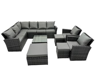 Fimous 11 Seat Poly Rattan Corner Sofa Set with 3 Stool 2 Chairs in Dark Grey