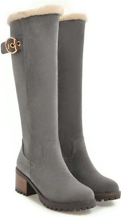Generic Womens Knee-High Winter Boots, 6Cm Block Heel Long Shaft Boots Warm Lined High Boots with Buckle Straps And Side Zipper Knight Boots for Outdoor Parti