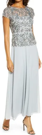 Pisarro Nights Beaded Mesh Mock Two-Piece Gown in Ice at Nordstrom, Size 10