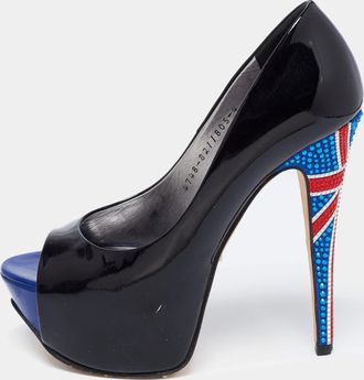 Gina Black Patent Leather Crystal Embellished Peep Toe Platform Pumps