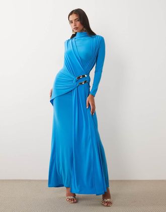 Asos Vestito lungo sinuoso blu drappeggiato con finiture