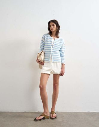 Topshop Cardigan comodo in maglia leggera a coste blu ed &eacute;cru a righe-Verde