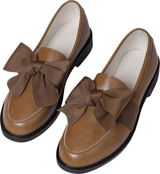 Generic School Shoes for Girls Loafers Shoes for Women Womens Patent Loafers with Bow Trendy Comfort Closed Round Toe Slip on Bow-Knot Dress Flat Low Heels Pu