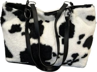 Generic Womens Plush Bags Plush Shopper Bags Large Capacity For Women Winter Travel Tote Bag Printing Shoulder Ladies Handbag(Black)