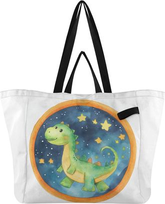 Generic Dinosaur Yellow Stars print Reusable Canvas Tote Bag, Heavy Duty Grocery Shopping Bag with Large Capacity Double Handles Hard Bottom Work Groceries Tr