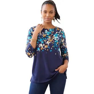 Jessica London Stretch Cotton Boatneck Tunic in Blue Shadow Garden at Nordstrom, Size 32