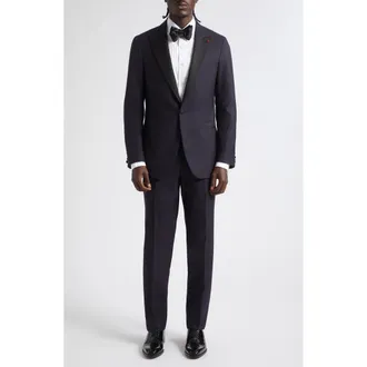Isaia Sanita Super 160s Wool Peak Lapel Tuxedo in Navy at Nordstrom, Size 54