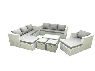 Fimous Rattan Garden Furniture Set 8 Pieces Outdoor Garden Sofa Chair Coffee Table Set with 4 Footstools Light Grey Mixed