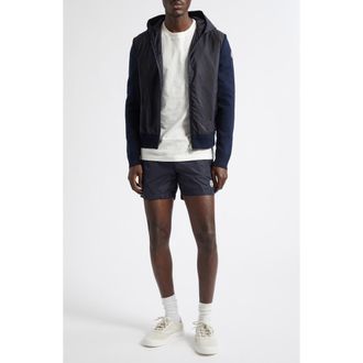 Moncler Mixed Media Hooded Cardigan in Obsidian Blue at Nordstrom, Size Xxx-Large