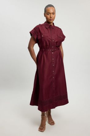 Karen Millen Womens Plus Size Cotton Sateen With Lace Trim Pocket Detail Shirt Dress - Chocolate