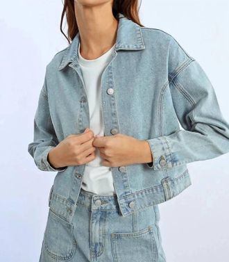 Lili Sidonio x Molly Bracken Rhinestone Straight Cut Jean Jacket In Blue