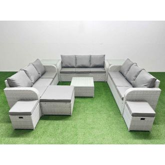 Fimous Fimous PE Rattan Lounge Sofa Set 12 Seater Outdoor Garden Furniture Set with Square Coffee Table 3 Seater Sofa 3 Stools 2 Side Table Light Grey