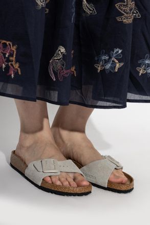 Birkenstock Madrid Cushion Buckle Suede Slides, Womens, Grey