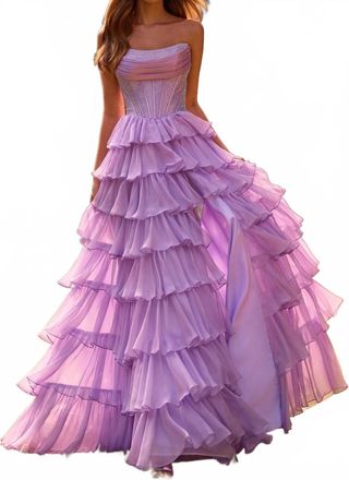 Sherri Hill Tiered Skirt Strapless Dress In Lilac