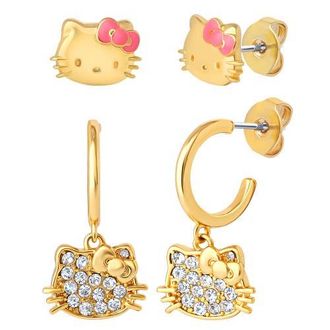 Hello Kitty Earring Set, 2-Pair, Gold-Tone Studs & Pav&eacute; Dangle Hoops in Gold Tone at Nordstrom