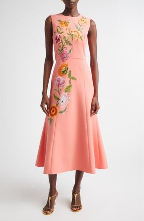 Carolina Herrera Poppy Embroidered Stretch Crepe Fit & Flare Dress in Sunset Multi at Nordstrom, Size 2