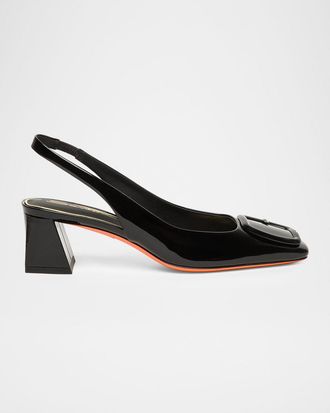 Santoni 50mm Patent Leather Slingback Buckle Pumps