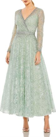 Mac Duggal Embellished Wrap Over Long Sleeve Midi Dress in Sage at Nordstrom, Size 24