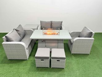 Fimous High Back Poly Rattan Garden Furniture Set w/ Reclining Chair Loveseat Sofa Firepit Dining Table Indoor Outdoor Patio Set 2 Stool Side Table