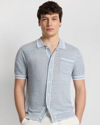 Onia Linen Knit Button Down Shirt in Melange Sky at Nordstrom, Size Xx-Large