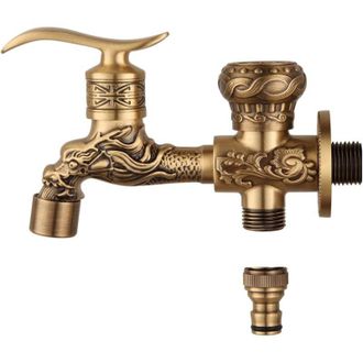 OEM Grifo De Cobre De Doble Salida Con Grabados De Drag&oacute;n, Estilo Antiguo, Ideal Para Ba&ntilde;o, Lavadora O Jard&iacute;n