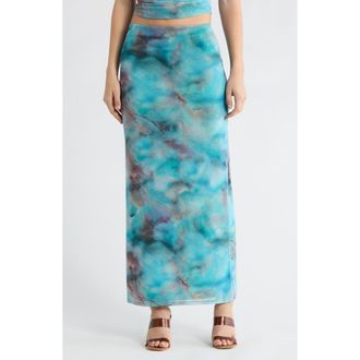 Leith Mesh Maxi Skirt in Blue Mineral Print at Nordstrom Rack, Size X-Small