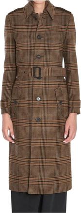 Saint Laurent Houndstooth Trenchcoat met Riem - Dames - Trenchcoats - Beige - M - Wol - Jassen