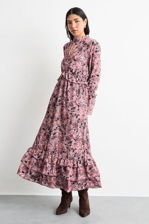 Warehouse Chiffon Shirred High Neck Midi Dress in Chocolate at Nordstrom, Size 12